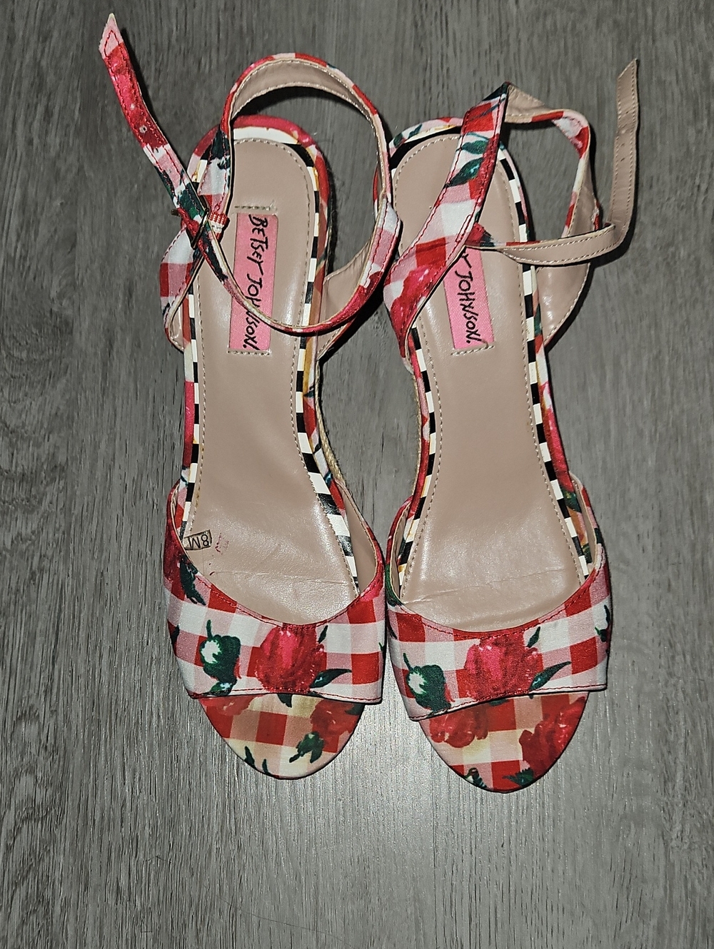 Betsey Johnson Red Floral Gingham Ankle-Strap Sandals